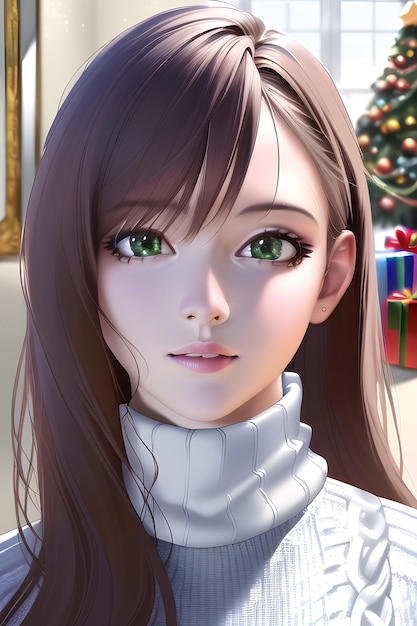 Piękny portret kobiety przed zimową choinką w stylu anime ilustracji obrazu cyfrowego