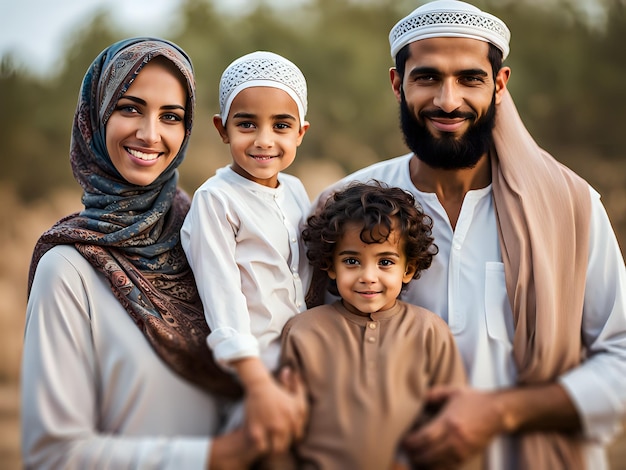 Zdjęcie piękny portret muzułmańskiej rodziny podczas miesiąca ramadanu lub świętowania eid po miesiącu postu koncepcja rodziny muzułamańskiej