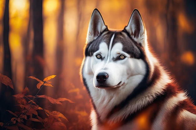 Piękny portret psa Siberian Husky stojący w tętniącym życiem kuszącym jesiennym lesie