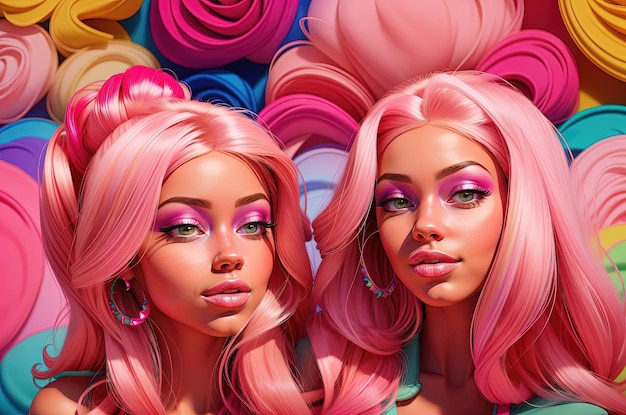 Piękny portret różowej Barbie w stylu ilustracji generatywnej ai