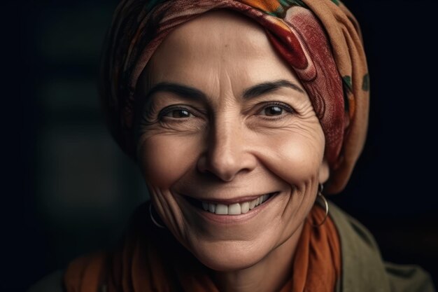 Piękny portret twarzy szczęśliwej dojrzałej kobiety w średnim wieku w hidżabie starszej pani w turbanie patrzącej na kamerę ze zdrowym wesołym uśmiechem