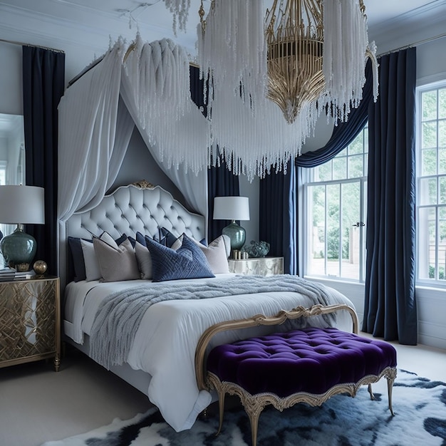 Piękny projekt łóżka z poduszkami w pokoju Stylowy wystrój wnętrz