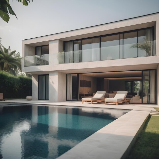 Piękny prostokątny dom z basenem.