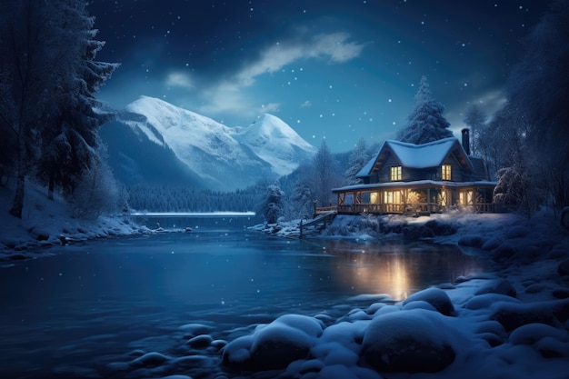 Piękny przytulny domek na zimowym tle Generacyjna AI
