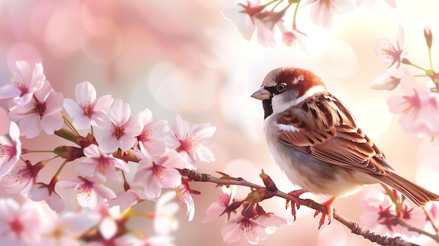 Piękny ptak siedzący na gałęzi kwitnącego wiśniowego drzewa