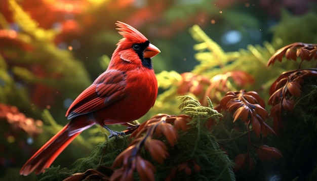 Piękny ptak siedzący na gałęzi w tętniącym życiem zielonym lesie wygenerowanym przez sztuczną inteligencję