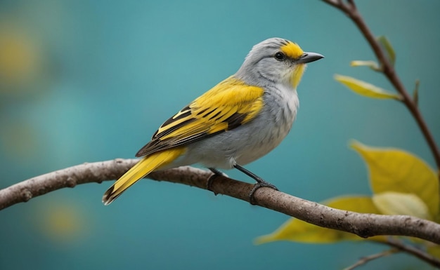 Zdjęcie piękny ptak siedzący na gałęzi z liściem fotografia