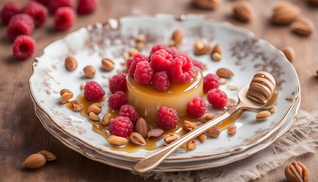 Piękny pudding karmelowy z mnóstwem malin i orzechów na talerzu