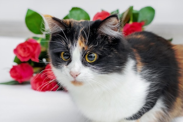 Piękny puszysty kot w pobliżu bukietu czerwonych róż Gratulacje z okazji wakacji