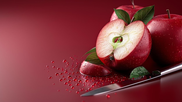 Zdjęcie piękny realistyczny obraz czerwonego jabłka jabłko jest pocięte na pół i widać soczyste czerwone mięso