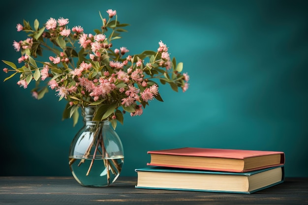 Piękny różowy kwiat otoczony książkami i szklankami na żywym zielonym tle różnorodny obraz dnia edukacji i nauczycieli