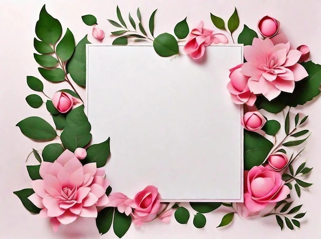 Piękny różowy układ kwiatów zielone liście z białym kwadratowym przestrzenią leżą na zaproszenie