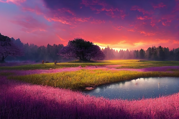 Piękny różowy zachód słońca na polu z jeziorem zielona trawa i krzewy pod niebem z czerwonymi chmurami i słoneczną ilustracją 3d
