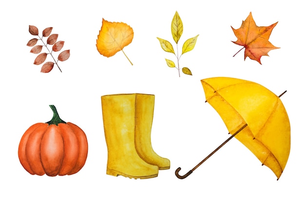 Piękny rysunek akwareli parasola i innych rzeczy, których potrzebujesz jesienią. Zbliżenie, widok z góry, brak ludzi