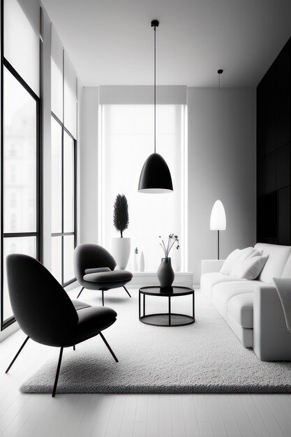 piękny salon w czerni i bieli z luksusowymi meblami