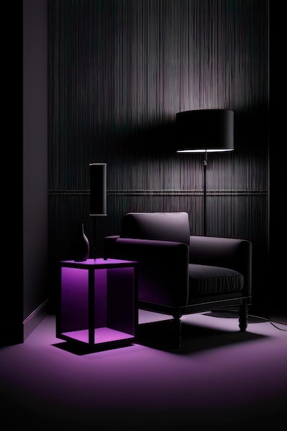 piękny salon w kolorze czarnym i fioletowym z luksusowymi meblami