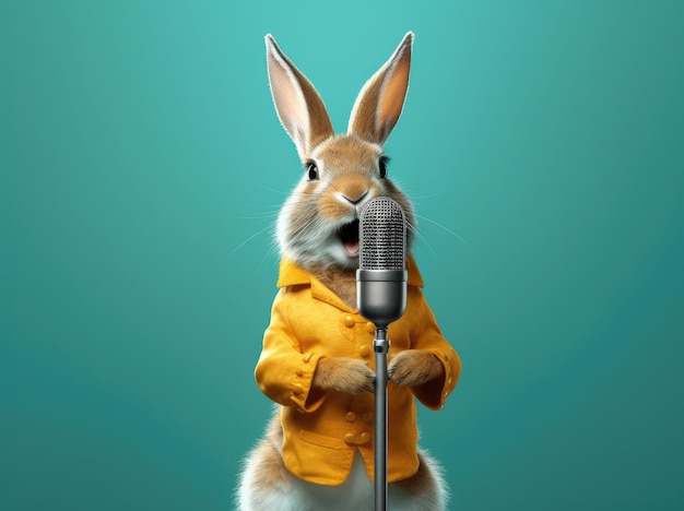 Piękny słodki królik w żółtym kostiumie śpiewający w mikrofonie ekstremalne zbliżenie generatywna sztuczna inteligencja