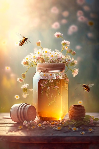 Piękny słoik miodu i kwiaty na stole Śliczne pszczoły lecą Generative Ai