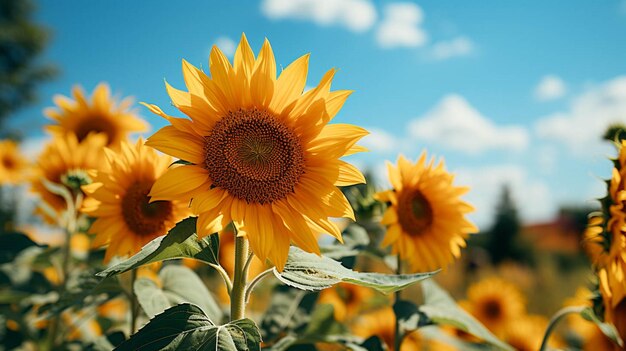 Piękny słonecznik z zielonymi liśćmi z efektem światła słonecznego za kwiatem z niebieskim niebem