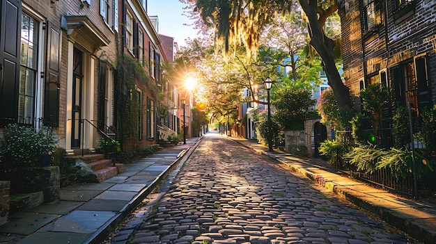 Zdjęcie piękny słoneczny dzień na cichej ulicy mieszkalnej ciepłe światło słoneczne oświetla brukowaną drogę i kolorowe domy po obu stronach
