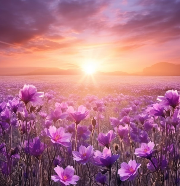 Piękny słoneczny dzień z fioletowymi kwiatami w stylu marzonych horyzontów