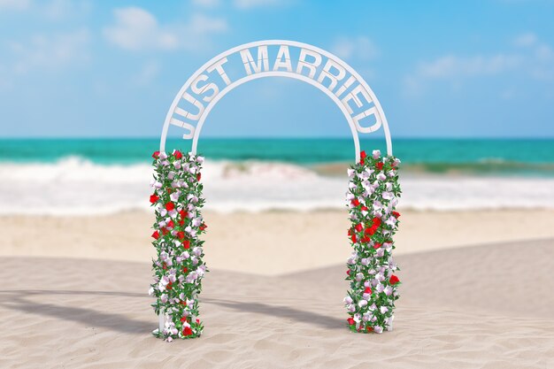 Piękny ślub Decor Arch Z Kwiatami I Just Married Znak Na Ocean Deserted Coast Ekstremalne Zbliżenie. Renderowanie 3d