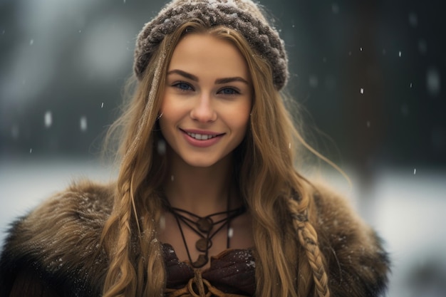 piękny starożytny skandynawski wiking młoda kobieta uśmiechnięty portret