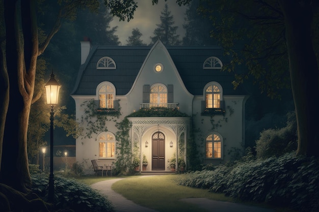 Piękny stary dom z białymi ścianami i łukowatym wejściem w leśnej zewnętrznej części klasycznego domu w nocy