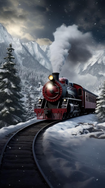 Zdjęcie piękny stary pociąg parowy z świątecznymi dekoracjami w śniegu z górami na tle