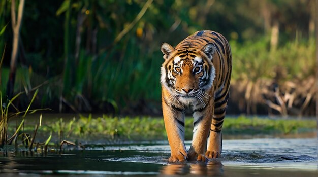 Piękny stojący królewski tygrys bengalski w Sundarban w Bangladeszu zdjęcie Ai stworzyło sztukę