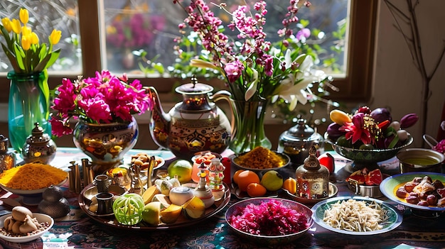 Piękny stół pełen pysznego jedzenia i kwiatów Stół jest ustawiony z kolorowym obrusem i serwetkami