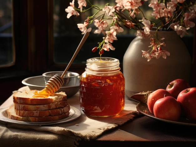 Piękny stół Rosh Hashanah z miodem i jabłkami