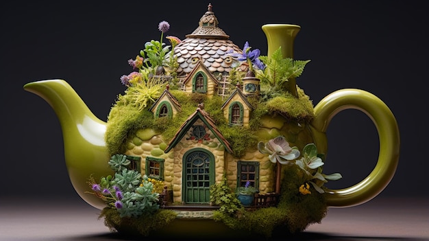 piękny strzał z ceramicznego garnka na herbatę z zieloną rośliną