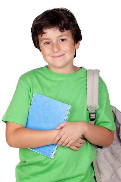 Zdjęcie piękny studencki dziecko z plecakiem odizolowywającym na białym tle