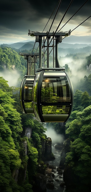 Zdjęcie piękny_stylizowany_lofi_aerial_tram_above_a_forest_relax