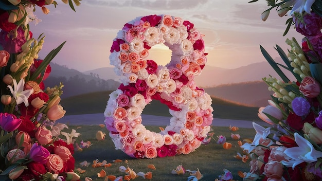 Piękny symbol 8 marca zrobiony z kwiatów.