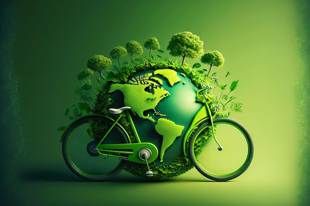 Piękny symboliczny obraz roweru na rowerze dookoła świata w zielonym generatywnym ai