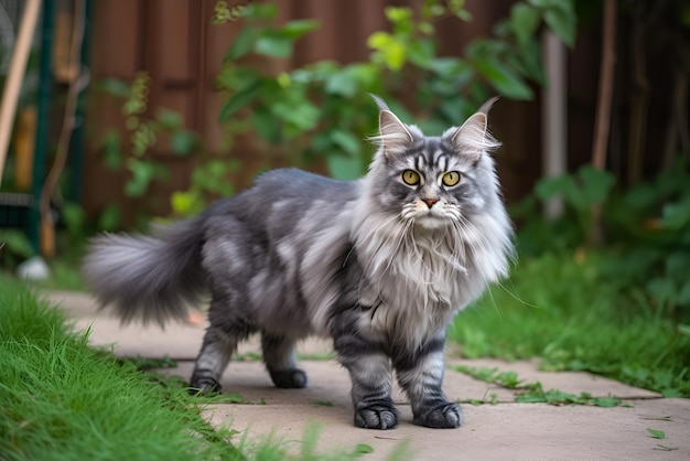 Piękny szary kot rasy maine coon spacerujący po podwórku Generatywna sztuczna inteligencja