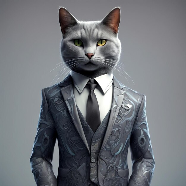 piękny szary kot w ręcznie wykonanym garniturze z efektem kinowym 8k hiperszczegółowe malowanie