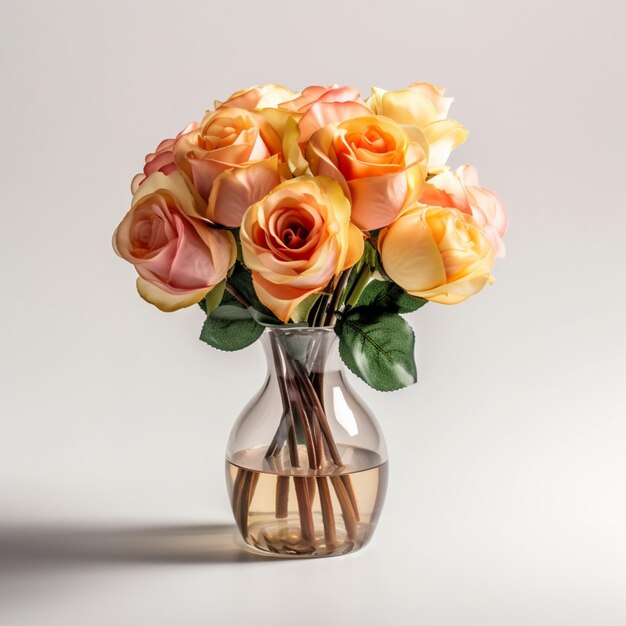 Piękny szklany wazon pomarańczowa różowa róża bukiet kwiatów zdjęcia AI Generated Art