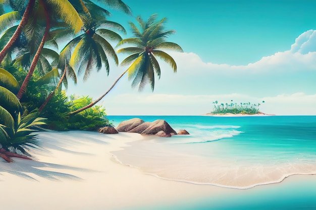 Piękny sztandar tropikalnej plaży Biały piasek i palmy kokosowe podróżują turystycznie szeroką panoramą