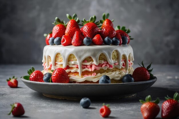 Piękny tort urodzinowy pokryty chantillly i świeżymi truskawkami