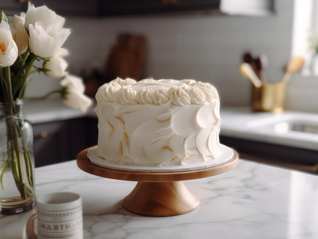 Piękny tort waniliowy na stole Generative AI