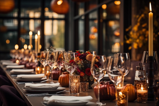 Zdjęcie piękny układ stołu na obiad na święto dziękczynienia w restauracji generatywny ai