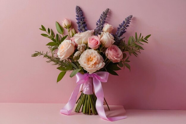 Piękny, uroczy bukiet róż z różową wstążką na różowym tle, romantyczny prezent.