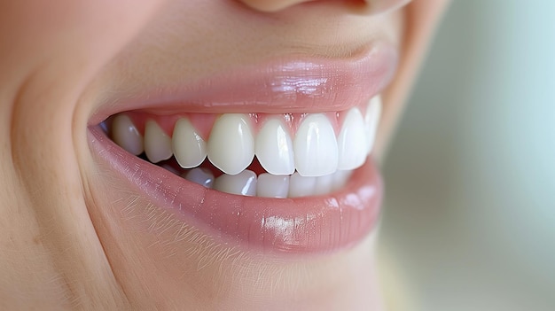 Piękny uśmiech kobiety po zabiegu wybielania zębów Biały ząb Opieka dentystyczna Koncepcja stomatologia