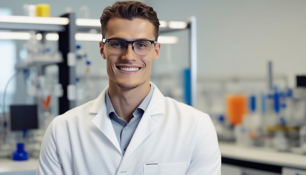 piękny uśmiechnięty młody naukowiec przed rozmytym białym laboratoryjnym tłem