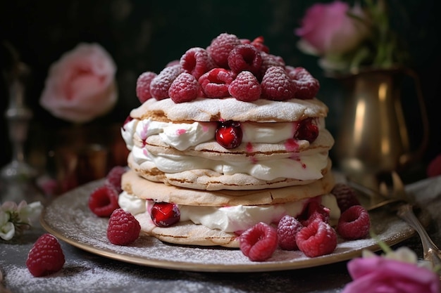 Piękny warstwowy tort Pavlova z kremowym mascarpone i malinami