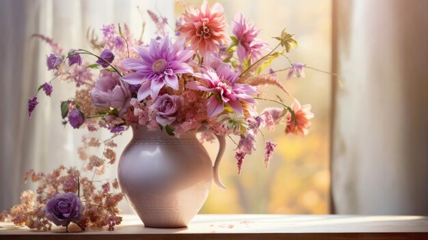 piękny wazon ceramiczny z bukietem kolorowych kwiatów