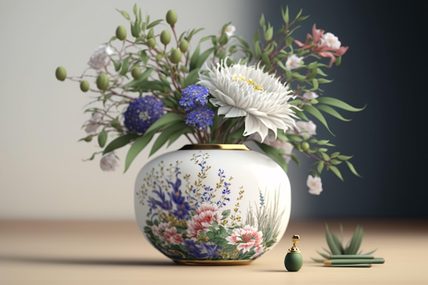 Piękny wazon z kwiatami i zieloną rośliną obok